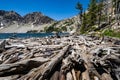 Sawtooth Lake in IdahoÃ¢â¬â¢s Sawtooth Mountain Range in the Salmon-Challis National Forest near Stanley Idaho. Logs in foreground